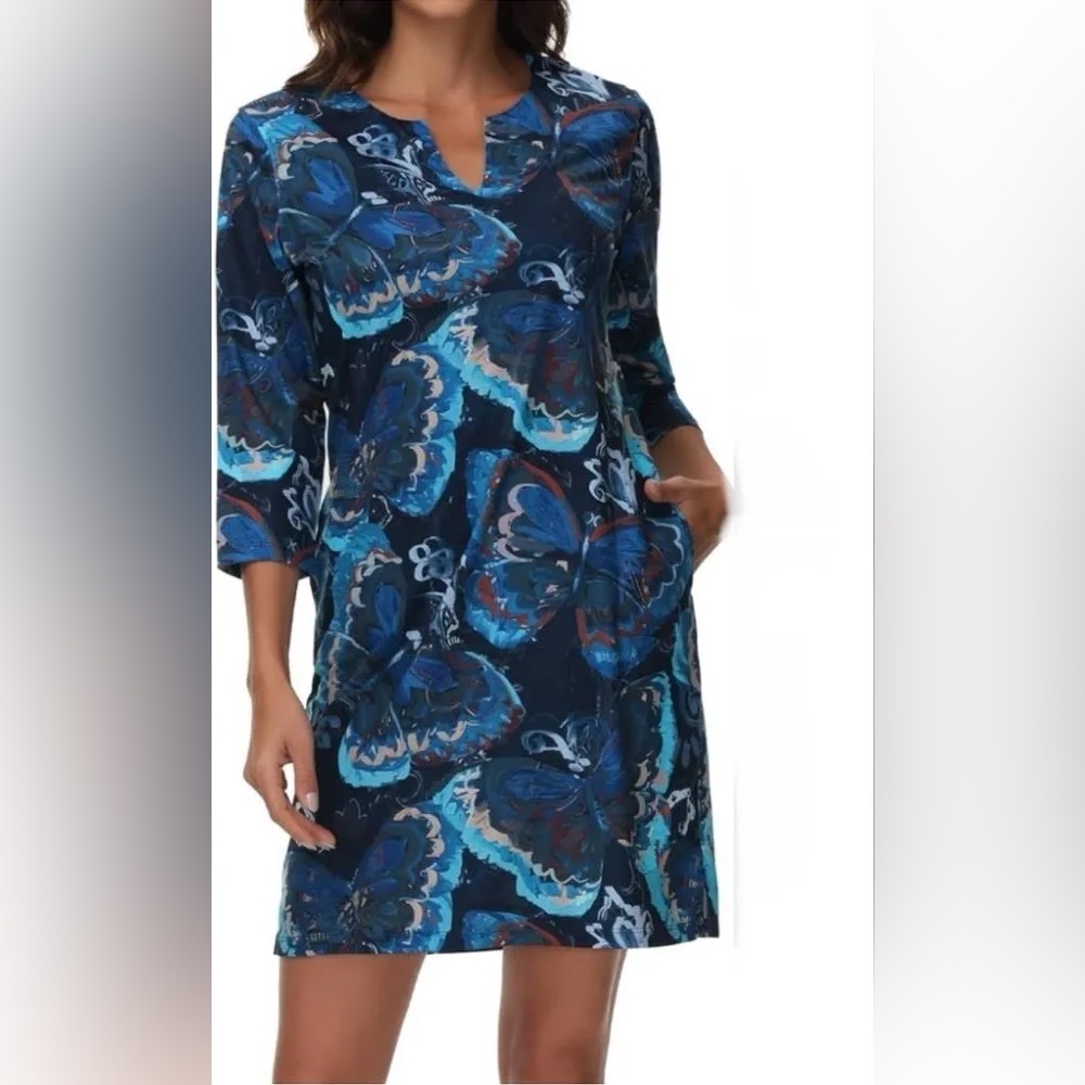 Lightbare Women's 3XL Blue Butterfly Knee Length Dress 3/4 Sleeve Casual